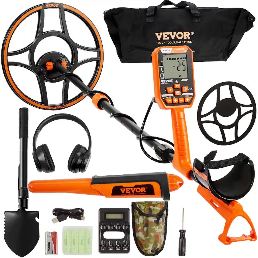 VEVOR - Waterproof Metal Detector, 12" Coil, Professional Rechargeable Gold Detector, 39-50 in Adjustable - Black; Orange