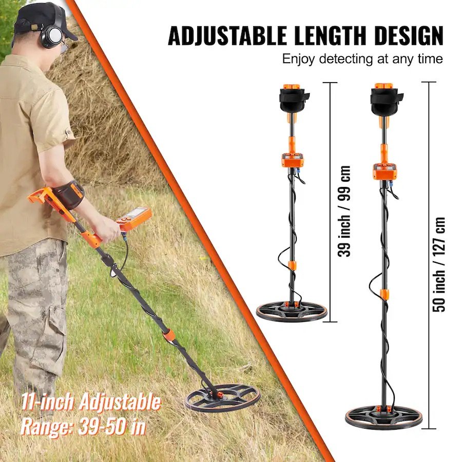 VEVOR - Waterproof Metal Detector, 12" Coil, Professional Rechargeable Gold Detector, 39-50 in Adjustable - Black; Orange