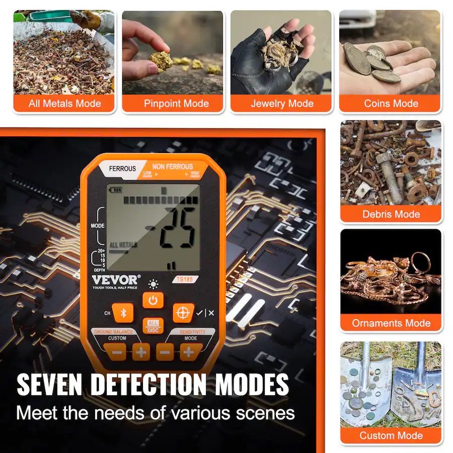 VEVOR - Waterproof Metal Detector, 12" Coil, Professional Rechargeable Gold Detector, 39-50 in Adjustable - Black; Orange