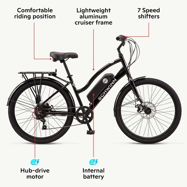 Schwinn - EC1 Electric Cruiser-Style Bicycle; 26-inch Wheels, 7 Speeds, Blue