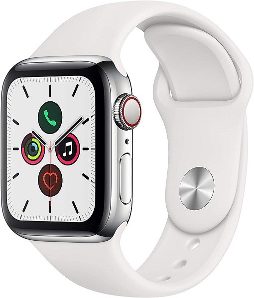 Apple Watch Series 5 (GPS + Cellular, 40MM) - Stainless Steel Case with White Sport Band