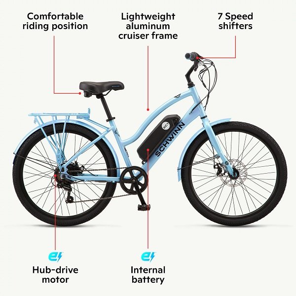 Schwinn - EC1 Electric Cruiser-Style Bicycle; 26-inch Wheels, 7 Speeds, Blue