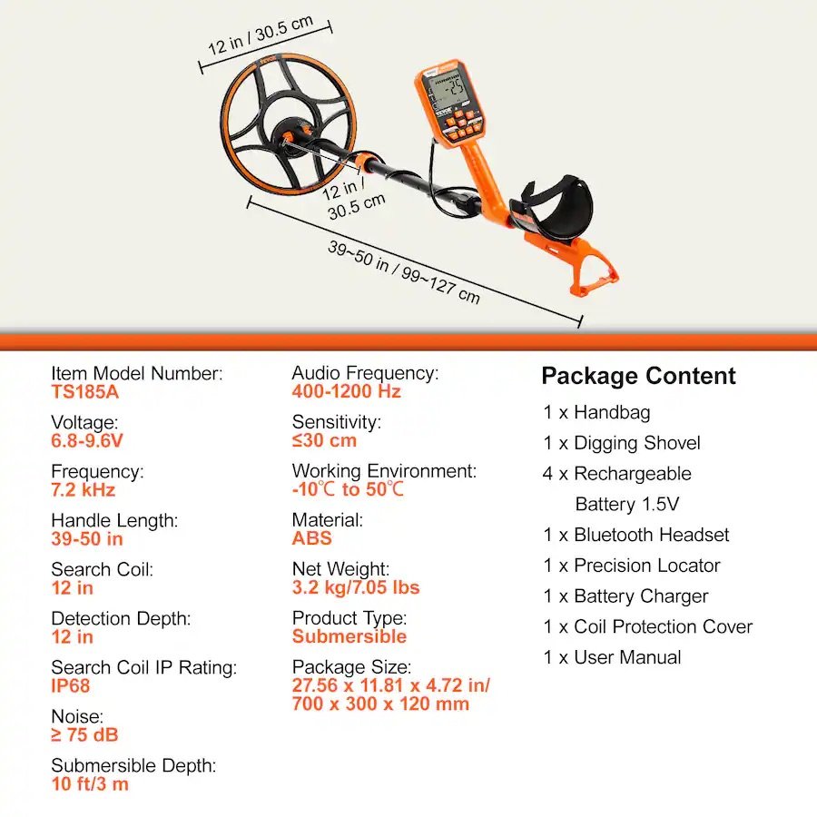 VEVOR - Waterproof Metal Detector, 12" Coil, Professional Rechargeable Gold Detector, 39-50 in Adjustable - Black; Orange