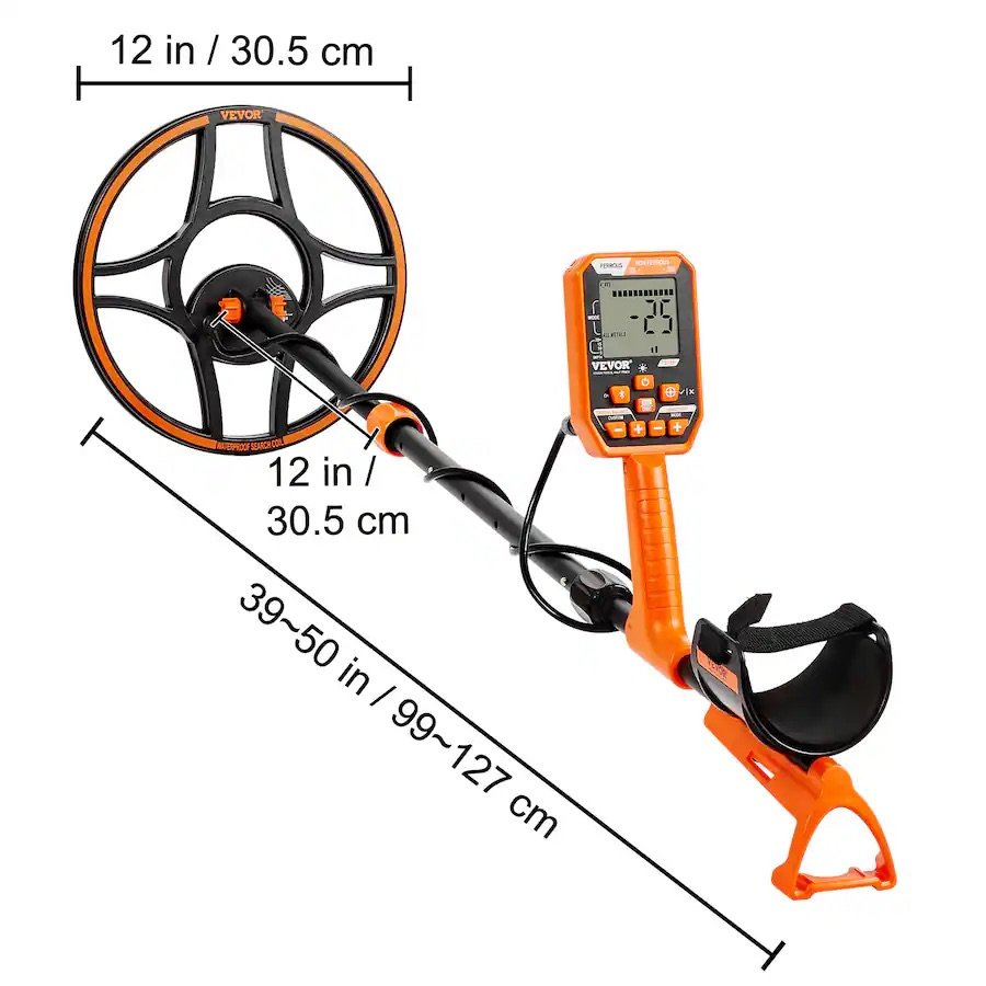 VEVOR - Waterproof Metal Detector, 12" Coil, Professional Rechargeable Gold Detector, 39-50 in Adjustable - Black; Orange