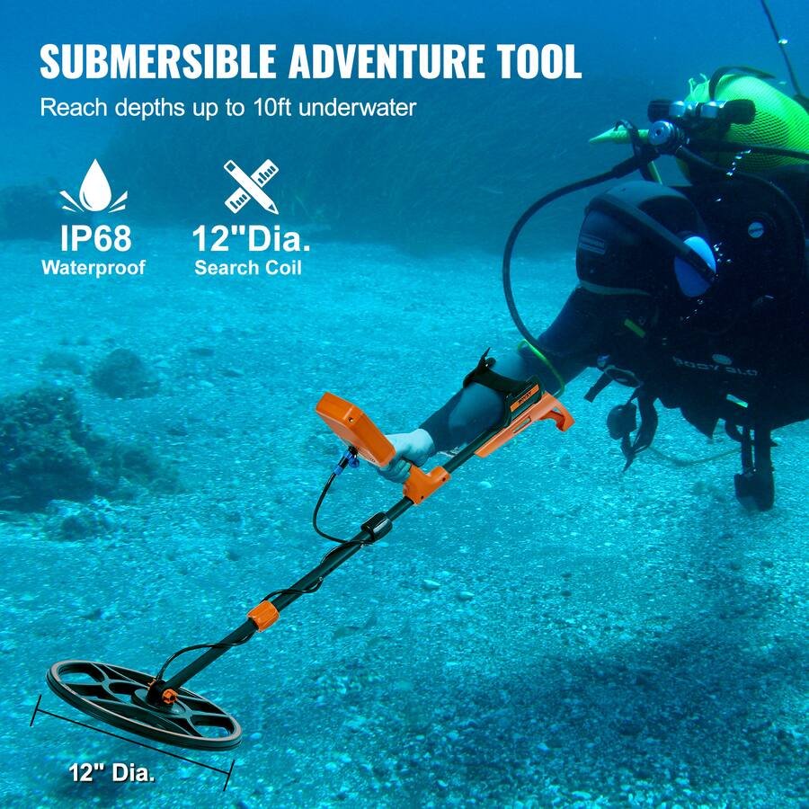 VEVOR - Waterproof Metal Detector, 12" Coil, Professional Rechargeable Gold Detector, 39-50 in Adjustable - Black; Orange