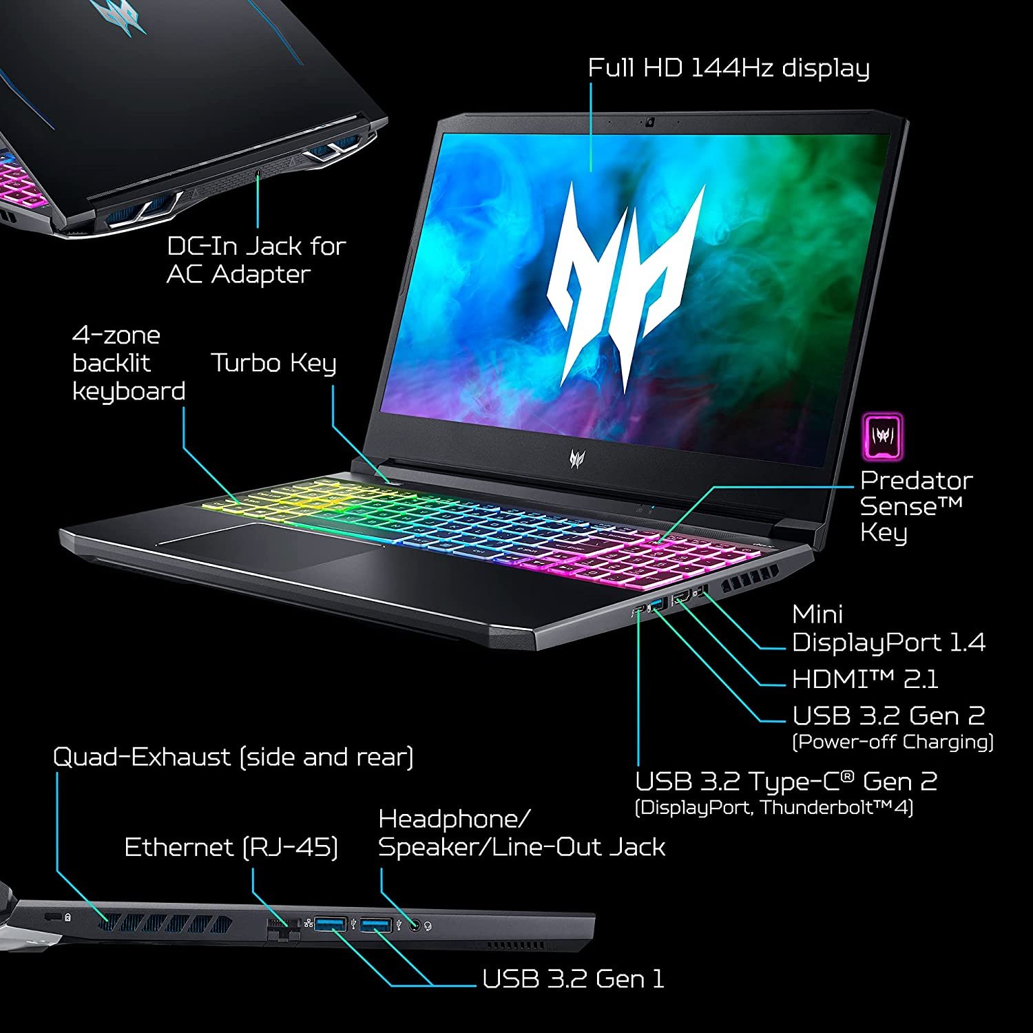 Acer Predator Helios 300 PH315-54-760S Gaming Laptop | Intel i7-11800H | NVIDIA GeForce RTX 3060 Laptop GPU | 15.6" Full HD 144Hz 3ms IPS Display | 16GB DDR4 | 512GB SSD | Killer WiFi 6 | RGB Keyboard